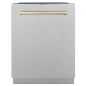 ZLINE Autograph 24" Monument Series 3rd Rack Top Touch Control Tall Tub Dishwasher with Satin Stainless Steel Panel and Polished Gold Handle, 45dBa, DWMTZ-SN-24-G