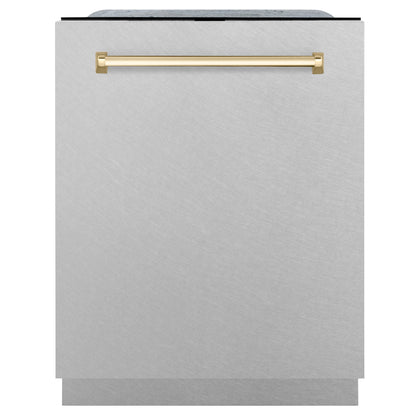 ZLINE Autograph 24" Monument Series 3rd Rack Top Touch Control Tall Tub Dishwasher with Satin Stainless Steel Panel and Polished Gold Handle, 45dBa, DWMTZ-SN-24-G