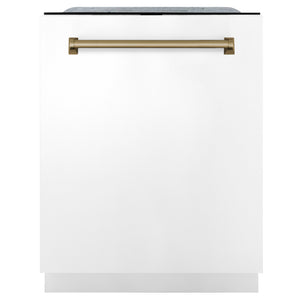 ZLINE Autograph Edition 24 inch Tall Dishwasher, Touch Control, in White Matte with Champagne Bronze Handle, DWMTZ-WM-24-CB