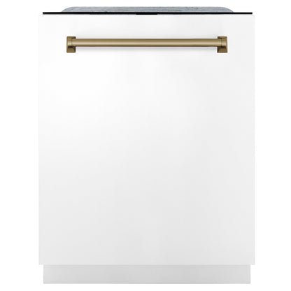ZLINE Autograph Edition 24 inch Tall Dishwasher, Touch Control, in White Matte with Champagne Bronze Handle, DWMTZ-WM-24-CB