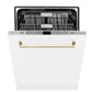 ZLINE Autograph Package - 48" Dual Fuel Range, Range Hood, and Dishwasher in White Matte and Satin Stainless Steel with Gold Accents, 3AKPR-RASWMRHDWM48-G