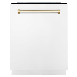 ZLINE Autograph Edition 24 inch Tall Dishwasher, Touch Control, in White Matte with Gold Handle, DWMTZ-WM-24-G