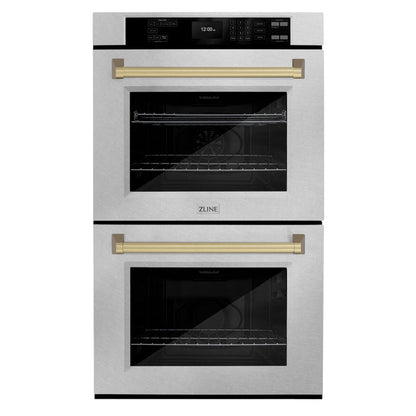 ZLINE 30" Autograph Professional True Convection Double Wall Oven with Air Fry and Self Clean in Satin Stainless Steel with Champagne Bronze Handles, WADSZ-30-CB