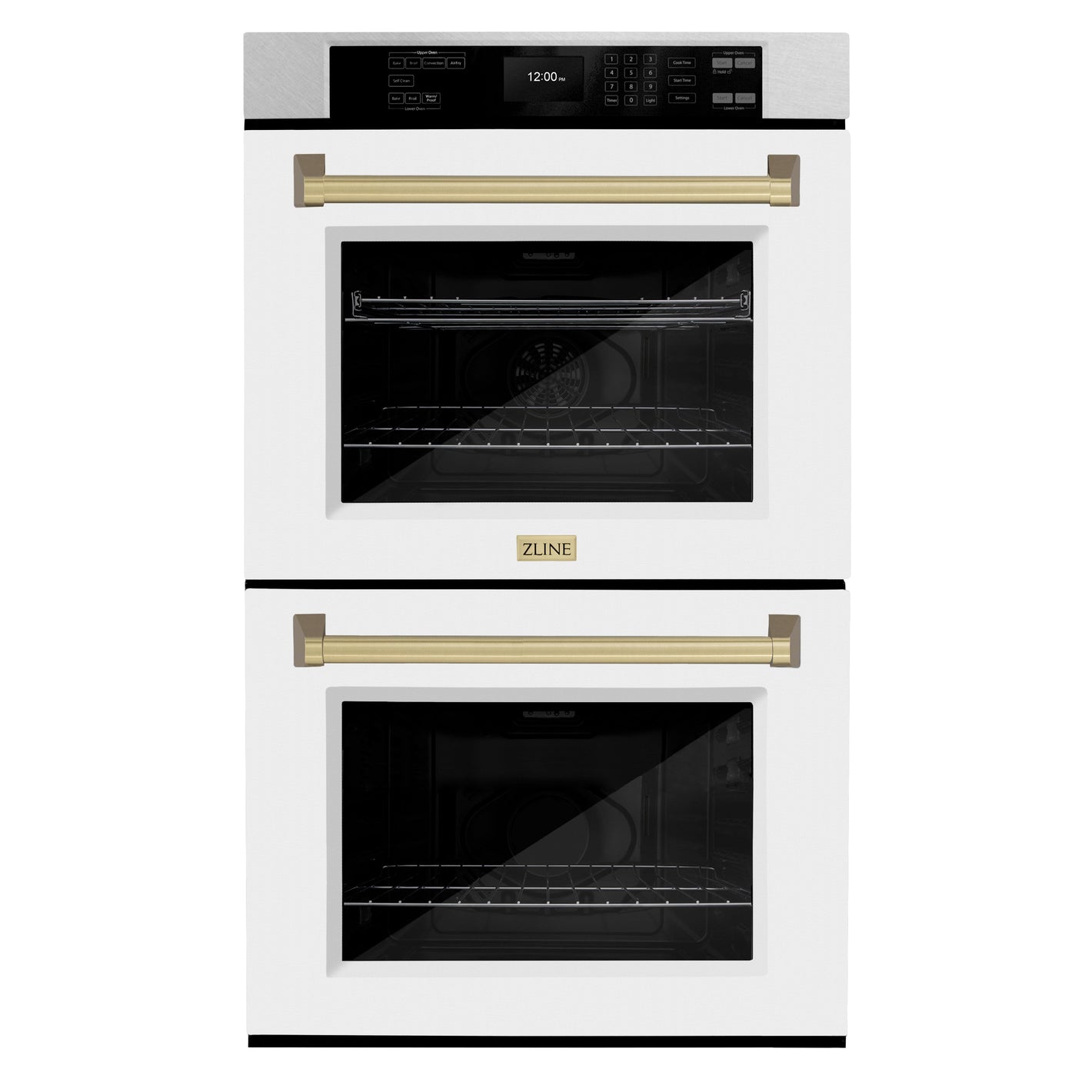 ZLINE 30" Autograph Professional True Convection Double Wall Oven with Air Fry and Self Clean in Satin Stainless Steel with White Matte Doors and Champagne Bronze Handles, WADSZ-WM-30-CB