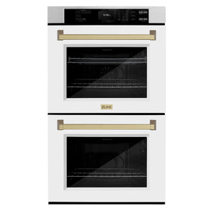 ZLINE 30" Autograph Professional True Convection Double Wall Oven with Air Fry and Self Clean in Satin Stainless Steel with White Matte Doors and Champagne Bronze Handles, WADSZ-WM-30-CB