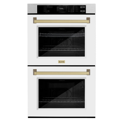 ZLINE 30" Autograph Professional True Convection Double Wall Oven with Air Fry and Self Clean in Satin Stainless Steel with White Matte Doors and Champagne Bronze Handles, WADSZ-WM-30-CB