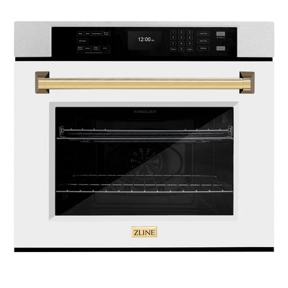 ZLINE 30" Autograph Professional True Convection Single Wall Oven with Air Fry and Self Clean in Satin Stainless Steel with White Matte Door and Polished Gold Handle, WASSZ-WM-30-G