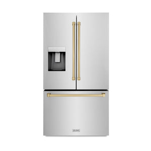 ZLINE Autograph 36" 28.9 cu. ft. Standard-Depth Refrigerator with Water Dispenser, Dual Ice Maker in Stainless Steel with Champagne Bronze Handles