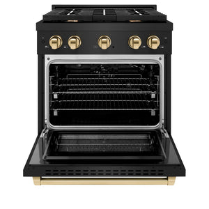 ZLINE Autograph 30" 4.2 cu. ft. Paramount Dual Fuel Range with 4 Burners in Black Stainless Steel with Polished Gold Accents, SDRBZ-30-G