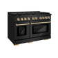 ZLINE Autograph 48" 6.7 cu. ft. Paramount Double Oven Dual Fuel Range with 8 Burners in Black Stainless Steel and Polished Gold Accents, SDRBZ-48-G
