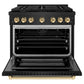 ZLINE Autograph Package - 36 In. Gas Range, Range Hood, Refrigerator, and Dishwasher in Black Stainless Steel with Gold Accents, 4AKPR-RGBRHDWV36-G