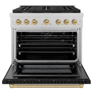 ZLINE Autograph 36" 5.2 cu. ft. Paramount Dual Fuel Range with 6 Burner Gas Cooktop and Electric Convection Oven in Satin Stainless Steel with Black Matte Door and Champagne Bronze Accents, SDRSZ-BLM-36-CB