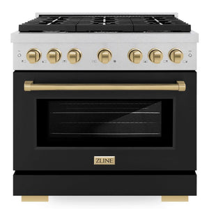 ZLINE Autograph 36" 5.2 cu. ft. Paramount Dual Fuel Range with 6 Burner Gas Cooktop and Electric Convection Oven in Satin Stainless Steel with Black Matte Door and Champagne Bronze Accents, SDRSZ-BLM-36-CB