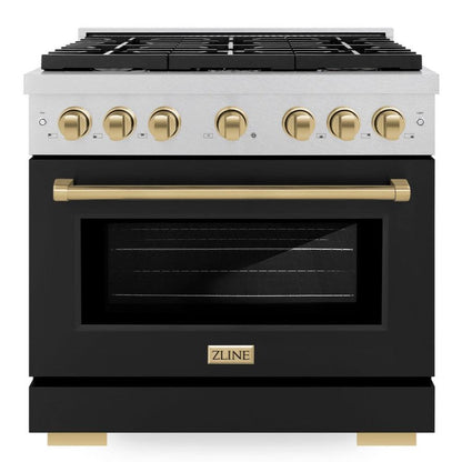 ZLINE Autograph 36" 5.2 cu. ft. Paramount Dual Fuel Range with 6 Burner Gas Cooktop and Electric Convection Oven in Satin Stainless Steel with Black Matte Door and Champagne Bronze Accents, SDRSZ-BLM-36-CB