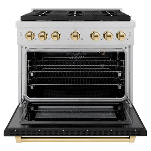 ZLINE Autograph 36" 5.2 cu. ft. Paramount Dual Fuel Range with 6 Burner Gas Cooktop and Electric Convection Oven in Satin Stainless Steel with Black Matte Door and Polished Gold Accents, SDRSZ-BLM-36-G