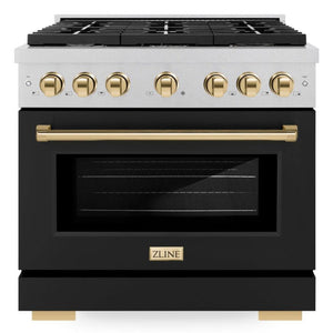 ZLINE Autograph 36" 5.2 cu. ft. Paramount Dual Fuel Range with 6 Burner Gas Cooktop and Electric Convection Oven in Satin Stainless Steel with Black Matte Door and Polished Gold Accents, SDRSZ-BLM-36-G