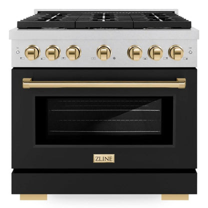ZLINE Autograph 36" 5.2 cu. ft. Paramount Dual Fuel Range with 6 Burner Gas Cooktop and Electric Convection Oven in Satin Stainless Steel with Black Matte Door and Polished Gold Accents, SDRSZ-BLM-36-G
