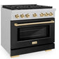 ZLINE Autograph 36" 5.2 cu. ft. Paramount Dual Fuel Range with 6 Burner Gas Cooktop and Electric Convection Oven in Satin Stainless Steel with Black Matte Door and Polished Gold Accents, SDRSZ-BLM-36-G