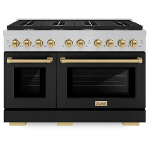 ZLINE Autograph 48" 6.7 cu. ft. Paramount Double Oven Dual Fuel Range with 8 Burner Gas Cooktop in Satin Stainless Steel with Black Matte Doors and Champagne Bronze Accents, SDRSZ-BLM-48-CB