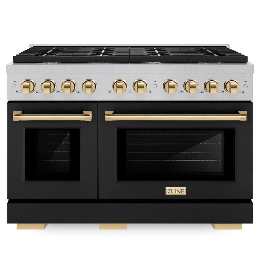 ZLINE Autograph 48" 6.7 cu. ft. Paramount Double Oven Dual Fuel Range with 8 Burner Gas Cooktop in Satin Stainless Steel with Black Matte Doors and Polished Gold Accents, SDRSZ-BLM-48-G