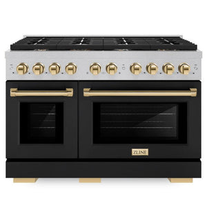 ZLINE Autograph 48" 6.7 cu. ft. Paramount Double Oven Dual Fuel Range with 8 Burner Gas Cooktop in Satin Stainless Steel with Black Matte Doors and Polished Gold Accents, SDRSZ-BLM-48-G