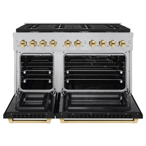 ZLINE Autograph 48" 6.7 cu. ft. Paramount Double Oven Dual Fuel Range with 8 Burner Gas Cooktop in Satin Stainless Steel with Black Matte Doors and Polished Gold Accents, SDRSZ-BLM-48-G