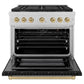 ZLINE Autograph 36" 5.2 cu. ft. Paramount Gas Range with 6 Burner Cooktop and Convection Gas Oven in Satin Stainless Steel with Black Matte Door and Champagne Bronze Accents, SGRSZ-BLM-36-CB