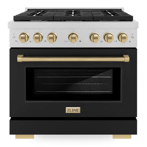 ZLINE Autograph 36" 5.2 cu. ft. Paramount Gas Range with 6 Burner Cooktop and Convection Gas Oven in Satin Stainless Steel with Black Matte Door and Champagne Bronze Accents, SGRSZ-BLM-36-CB