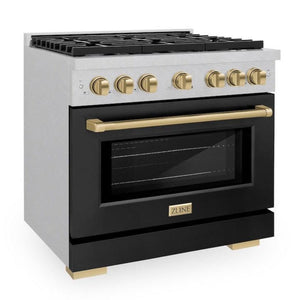 ZLINE Autograph 36" 5.2 cu. ft. Paramount Gas Range with 6 Burner Cooktop and Convection Gas Oven in Satin Stainless Steel with Black Matte Door and Champagne Bronze Accents, SGRSZ-BLM-36-CB