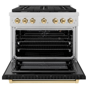 ZLINE Autograph 36" 5.2 cu. ft. Paramount Gas Range with 6 Burner Cooktop and Convection Gas Oven in Satin Stainless Steel with Black Matte Door and Polished Gold Accents, SGRSZ-BLM-36-G