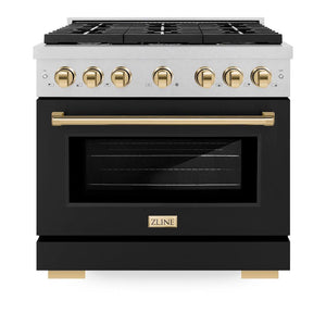 ZLINE Autograph 36" 5.2 cu. ft. Paramount Gas Range with 6 Burner Cooktop and Convection Gas Oven in Satin Stainless Steel with Black Matte Door and Polished Gold Accents, SGRSZ-BLM-36-G