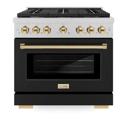 ZLINE Autograph 36" 5.2 cu. ft. Paramount Gas Range with 6 Burner Cooktop and Convection Gas Oven in Satin Stainless Steel with Black Matte Door and Polished Gold Accents, SGRSZ-BLM-36-G