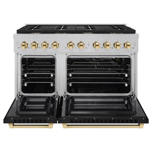 ZLINE Autograph 48" 6.7 cu. ft. Paramount Double Oven Gas Range with 8 Burner Cooktop in Satin Stainless Steel with Black Matte Doors and Polished Gold Accents, SGRSZ-BLM-48-G