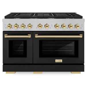 ZLINE Autograph 48" 6.7 cu. ft. Paramount Double Oven Gas Range with 8 Burner Cooktop in Satin Stainless Steel with Black Matte Doors and Polished Gold Accents, SGRSZ-BLM-48-G