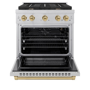 ZLINE Autograph 30" 4.2 cu. ft. Paramount Dual Fuel Range with 4 Burner Gas Cooktop and Electric Convection Oven in Satin Stainless Steel with Champagne Bronze Accents, SDRSZ-30-CB