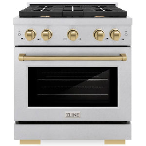 ZLINE Autograph 30" 4.2 cu. ft. Paramount Dual Fuel Range with 4 Burner Gas Cooktop and Electric Convection Oven in Satin Stainless Steel with Champagne Bronze Accents, SDRSZ-30-CB