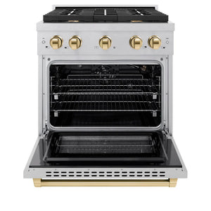 ZLINE Autograph 30" 4.2 cu. ft. Paramount Dual Fuel Range with 4 Burner Gas Cooktop and Electric Convection Oven in Satin Stainless Steel with Polished Gold Accents, SDRSZ-30-G