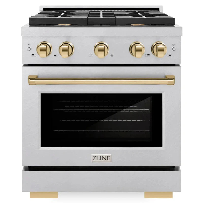 ZLINE Autograph 30" 4.2 cu. ft. Paramount Dual Fuel Range with 4 Burner Gas Cooktop and Electric Convection Oven in Satin Stainless Steel with Polished Gold Accents, SDRSZ-30-G
