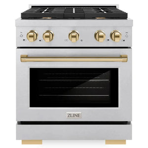 ZLINE Autograph 30" 4.2 cu. ft. Paramount Dual Fuel Range with 4 Burner Gas Cooktop and Electric Convection Oven in Satin Stainless Steel with Polished Gold Accents, SDRSZ-30-G