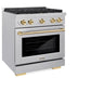 ZLINE Autograph 30" 4.2 cu. ft. Paramount Dual Fuel Range with 4 Burner Gas Cooktop and Electric Convection Oven in Satin Stainless Steel with Polished Gold Accents, SDRSZ-30-G