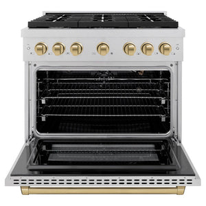 ZLINE Autograph 36" 5.2 cu. ft. Paramount Dual Fuel Range with 6 Burner Gas Cooktop and Electric Convection Oven in Satin Stainless Steel with Champagne Bronze Accents, SDRSZ-36-CB