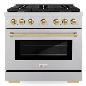 ZLINE Autograph 36" 5.2 cu. ft. Paramount Dual Fuel Range with 6 Burner Gas Cooktop and Electric Convection Oven in Satin Stainless Steel with Champagne Bronze Accents, SDRSZ-36-CB