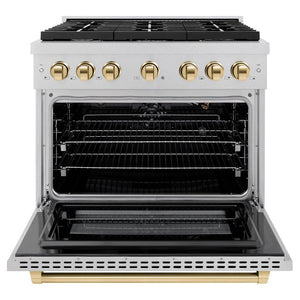 ZLINE Autograph 36" 5.2 cu. ft. Paramount Dual Fuel Range with 6 Burner Gas Cooktop and Electric Convection Oven in Satin Stainless Steel with Polished Gold Accents, SDRSZ-36-G