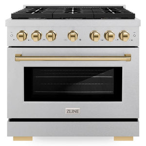 ZLINE Autograph 36" 5.2 cu. ft. Paramount Dual Fuel Range with 6 Burner Gas Cooktop and Electric Convection Oven in Satin Stainless Steel with Polished Gold Accents, SDRSZ-36-G