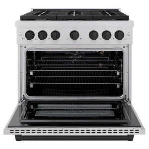 ZLINE Autograph 36" 5.2 cu. ft. Paramount Dual Fuel Range with 6 Burner Gas Cooktop and Electric Convection Oven in Satin Stainless Steel with Matte Black Accents, SDRSZ-36-MB