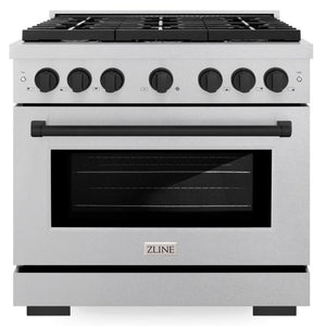 ZLINE Autograph 36" 5.2 cu. ft. Paramount Dual Fuel Range with 6 Burner Gas Cooktop and Electric Convection Oven in Satin Stainless Steel with Matte Black Accents, SDRSZ-36-MB