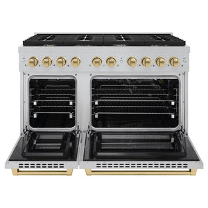 ZLINE Autograph 48" 6.7 cu. ft. Paramount Double Oven Dual Fuel Range with 8 Burner Gas Cooktop in Satin Stainless Steel and Champagne Bronze Accents, SDRSZ-48-CB