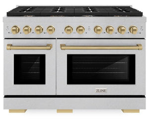 ZLINE Autograph 48" 6.7 cu. ft. Paramount Double Oven Dual Fuel Range with 8 Burner Gas Cooktop in Satin Stainless Steel and Champagne Bronze Accents, SDRSZ-48-CB