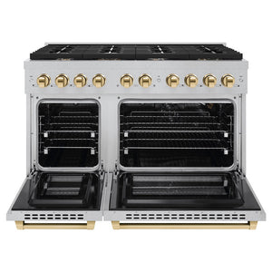 ZLINE Autograph 48" 6.7 cu. ft. Paramount Double Oven Dual Fuel Range with 8 Burner Gas Cooktop in Satin Stainless Steel and Polished Gold Accents, SDRSZ-48-G