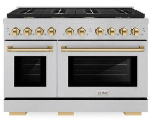 ZLINE Autograph 48" 6.7 cu. ft. Paramount Double Oven Dual Fuel Range with 8 Burner Gas Cooktop in Satin Stainless Steel and Polished Gold Accents, SDRSZ-48-G